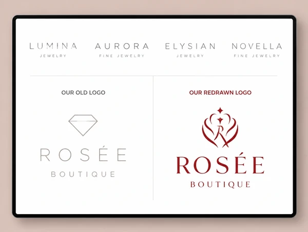 A board setting four lookalike competitor logos above a jewellery boutique old and redrawn logo
