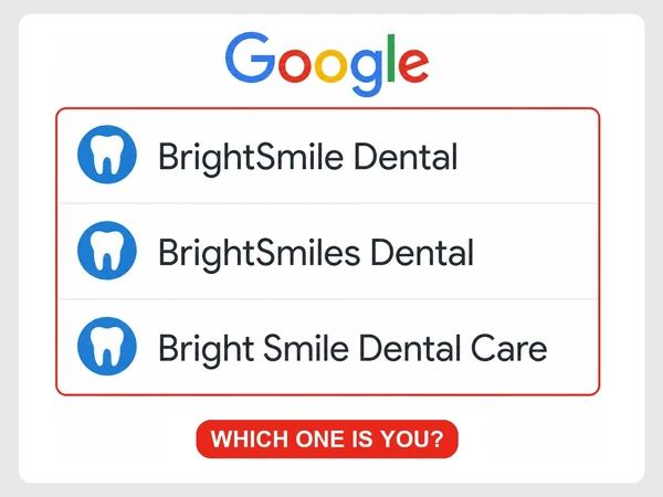 Google results show BrightSmile Dental, BrightSmiles Dental, and Bright Smile Dental Care with nearly identical tooth logos.