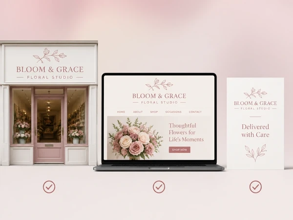 A florist new logo in place on the shopfront sign, the website header and a delivery card