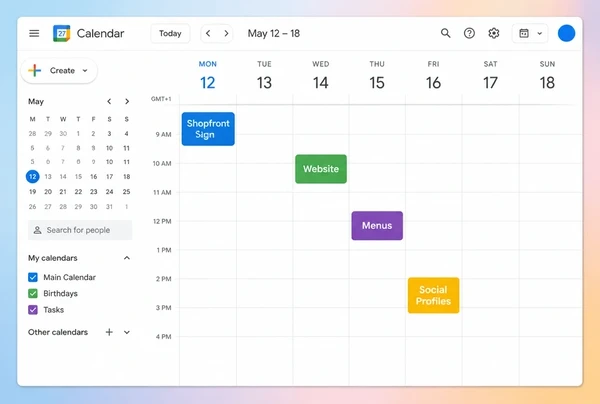 A Google Calendar week holding four dated entries for a bakery sign, website, menus and profiles