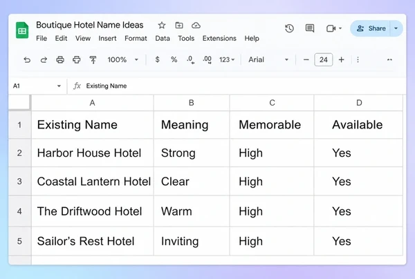 A Google Sheet testing a hotel existing name against three candidates across three columns