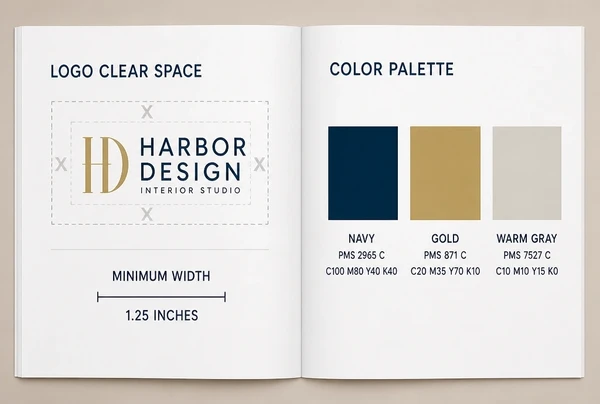 A guidelines spread showing new logo clear space and sizes beside three coded colour blocks
