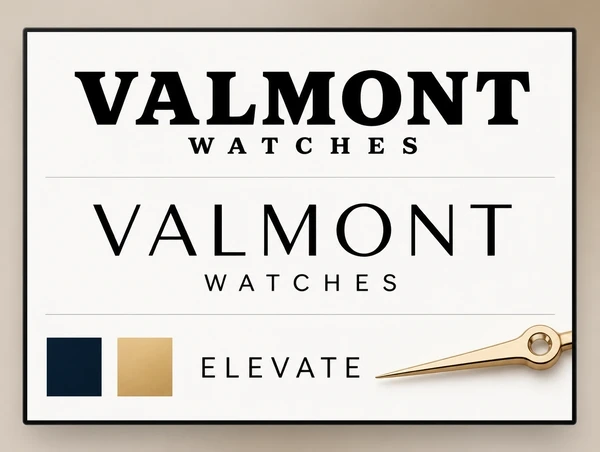 An identity sheet with a watch brand old wordmark above the redrawn one, two swatches and a typeface line