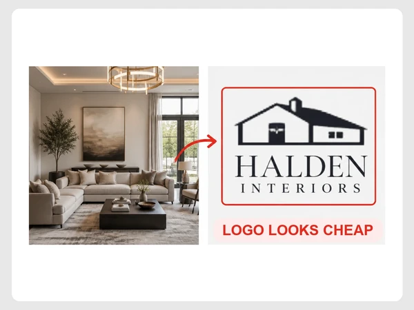 Halden Interiors pairs a luxurious room with a stretched, pixelated clipart house logo labeled Logo Looks Cheap.