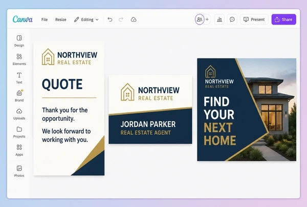 A quote document, a name card and a social template rebuilt in one new logo and palette