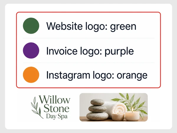 Willow Stone Day Spa uses green, purple, and orange logos across its website, invoice, and Instagram.