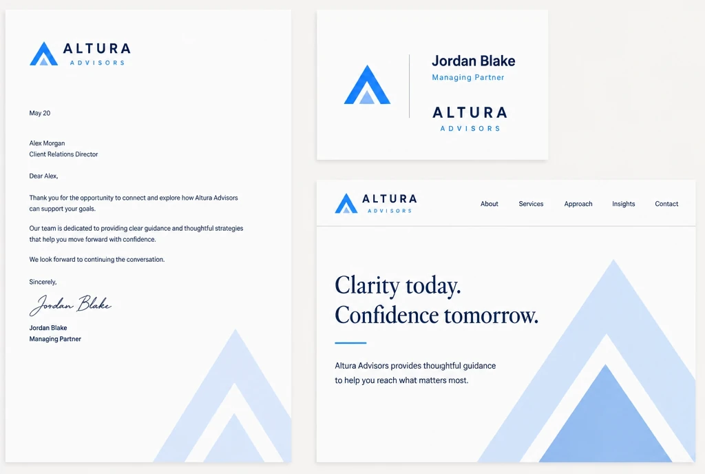 A matched set of a letterhead, a name card and a website header for one business in the same new logo
