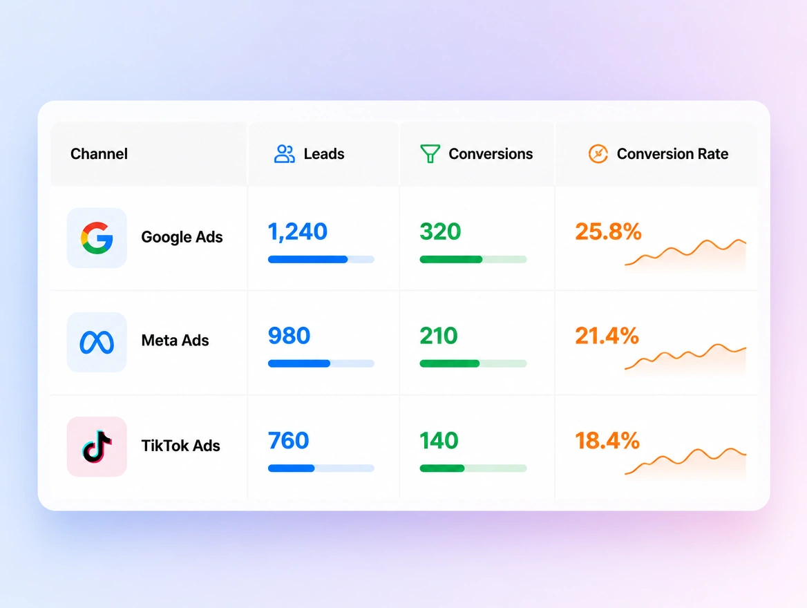 A close view of a report comparing leads and conversions across three advertising channels