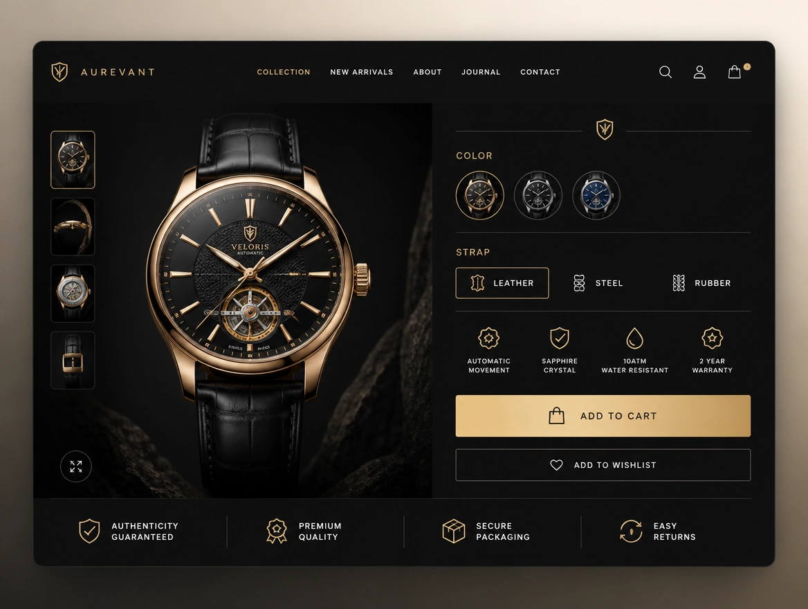 A close view of a luxury watch store product page with an add to cart button and trust badges