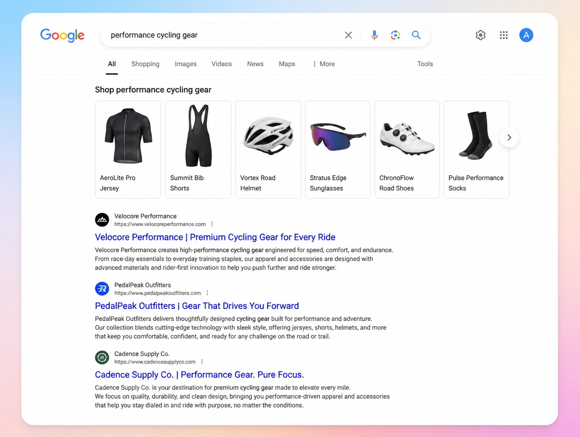 A close view of a search results page with a shopping row of performance cycling gear
