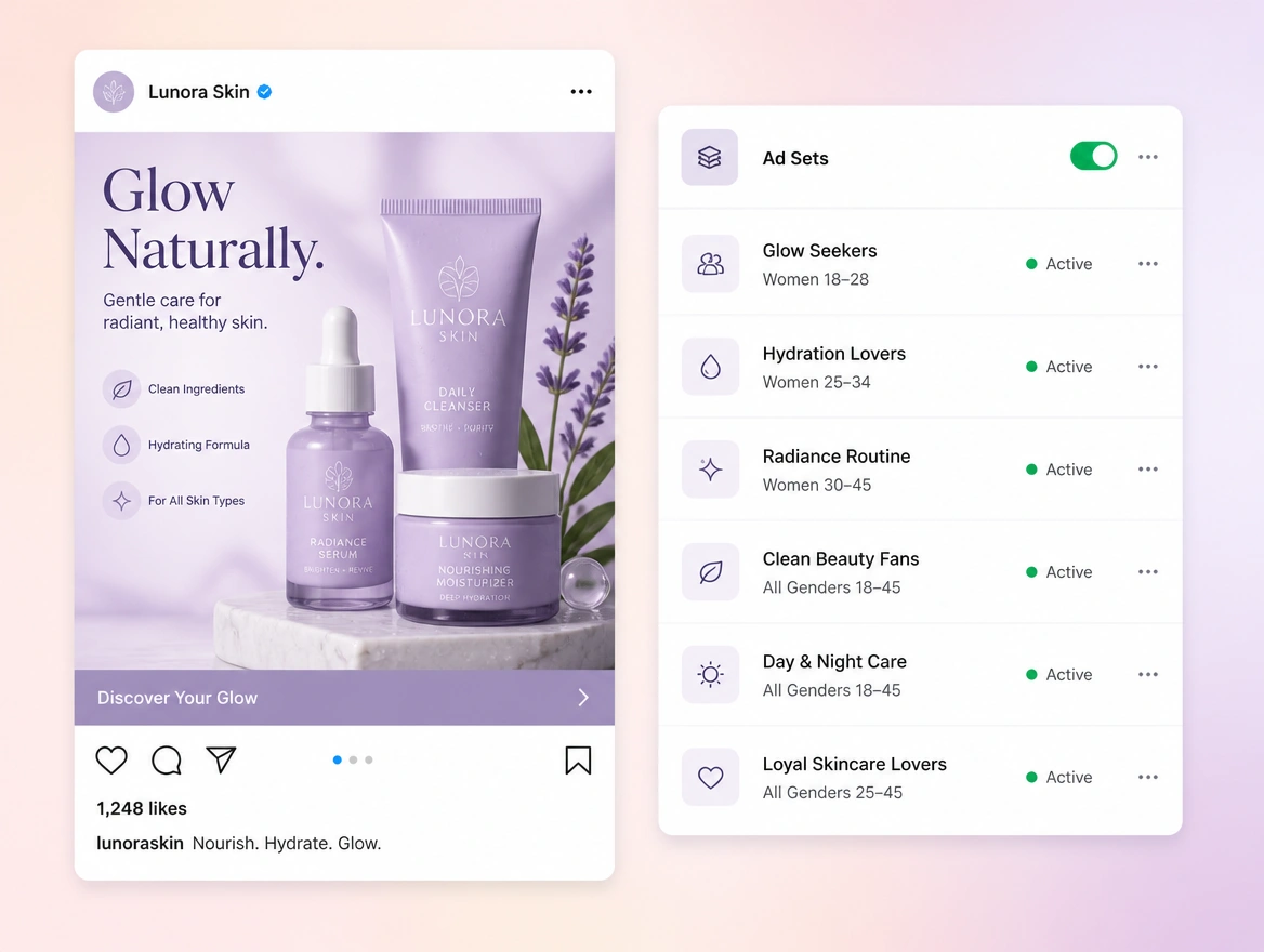 A close view of an Instagram feed advertisement for a skincare brand beside its list of ad sets