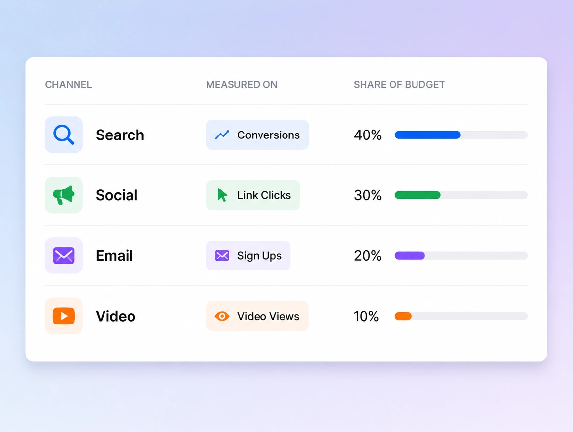 A close view of a marketing plan showing each channel against its goal and its share of budget