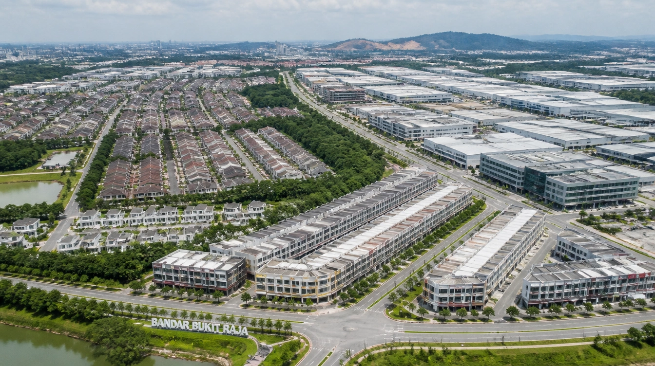 An overview of Bandar Bukit Raja beside Setia Alam with housing, shop-office rows and the industrial park