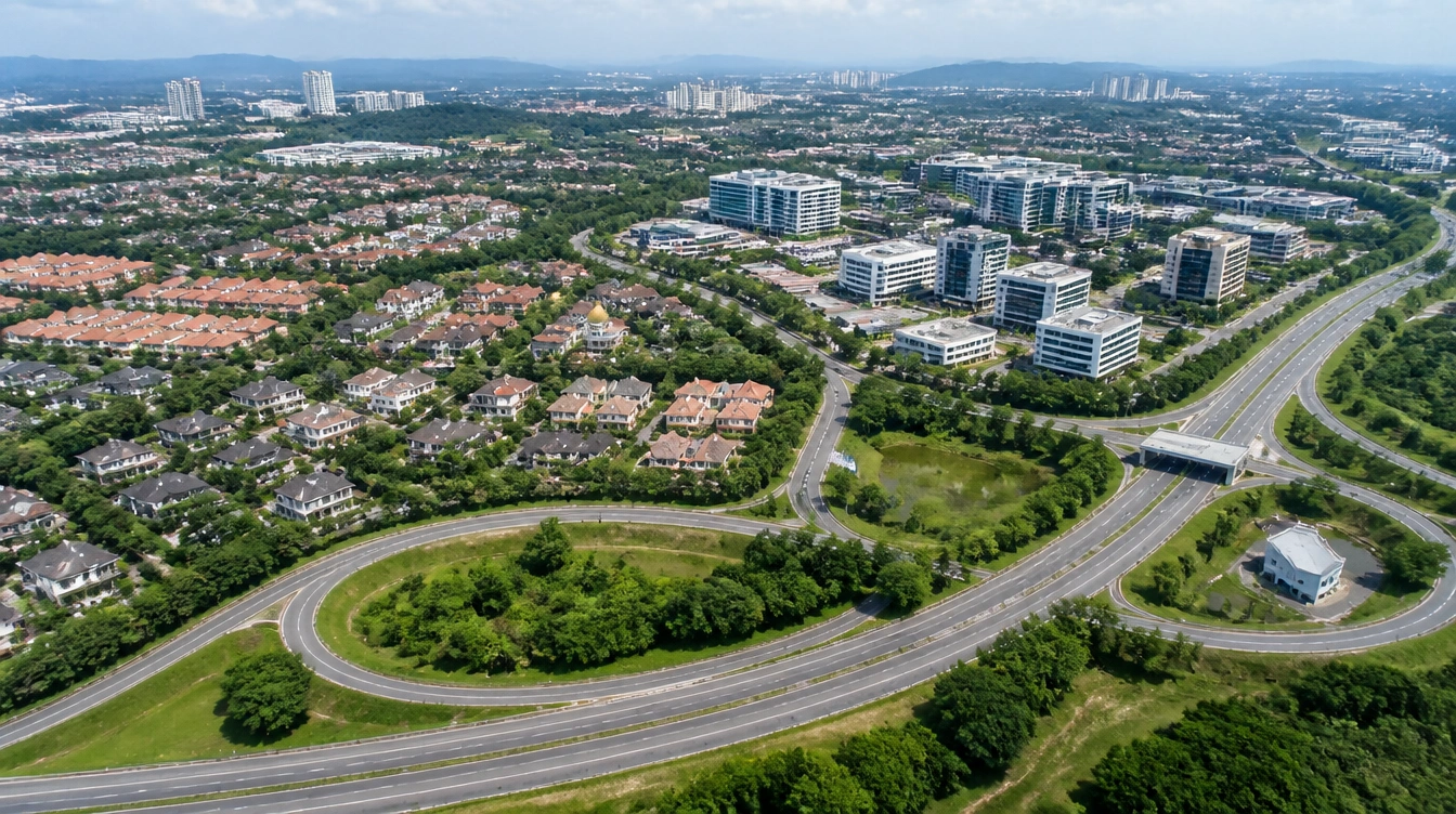 An overview of Bukit Jelutong in Shah Alam with landed housing, the business park and the highway interchange