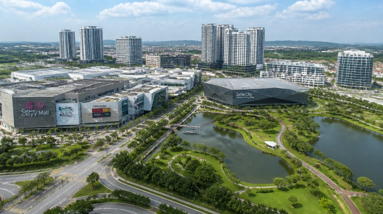 An overview of Setia City in Setia Alam with the shopping mall, the convention centre and the park
