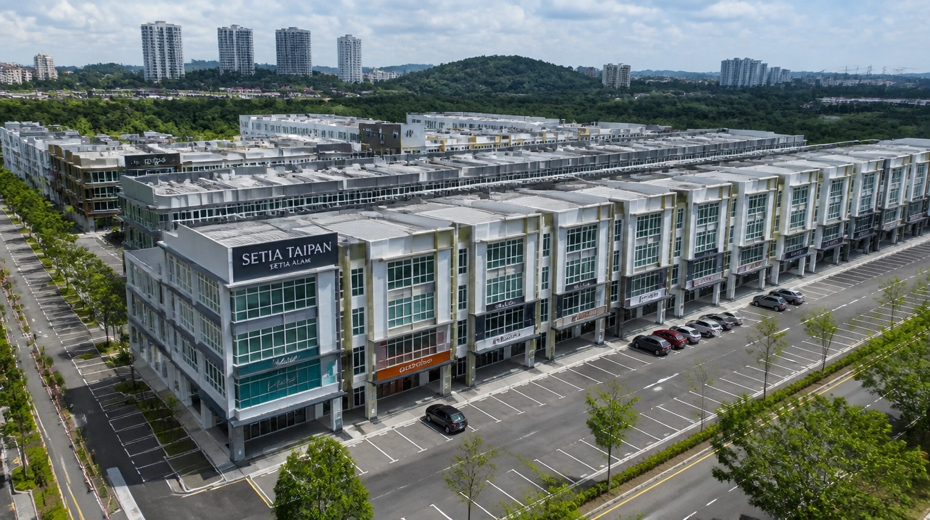 An overview of the Setia Taipan shop-office precinct in Setia Alam with rows of shop-offices and parking