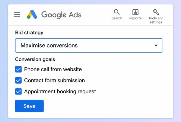 A Google Ads bid strategy set to chase calls and forms for an optometry practice