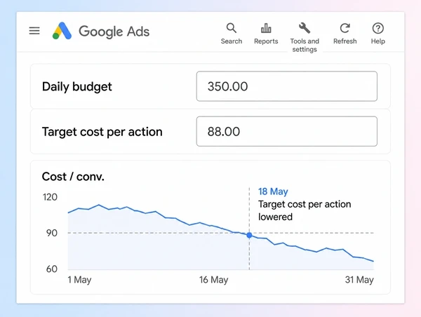 A Google Ads panel setting the budget and target cost for a dermatology clinic campaign