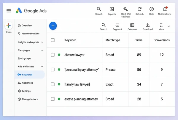 Four law practice keywords in Google Ads labelled broad, phrase and exact match