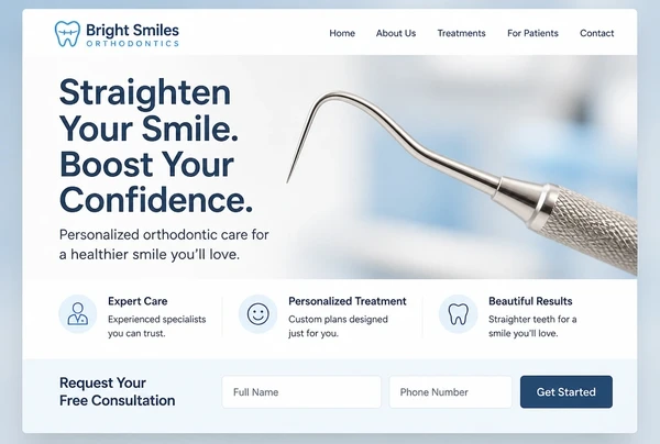 An orthodontic practice landing page whose headline repeats the advert, with a short form