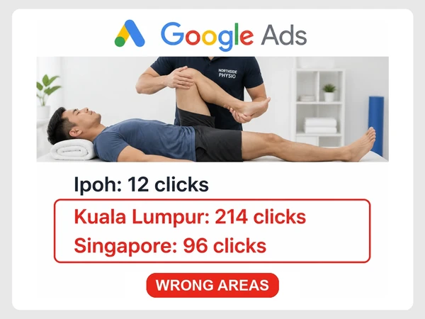 Northside Physio Google Ads location report shows 12 Ipoh clicks, 214 Kuala Lumpur clicks, and 96 Singapore clicks.