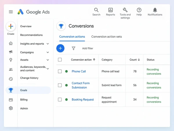 Three recorded conversion actions for a photography studio account in Google Ads