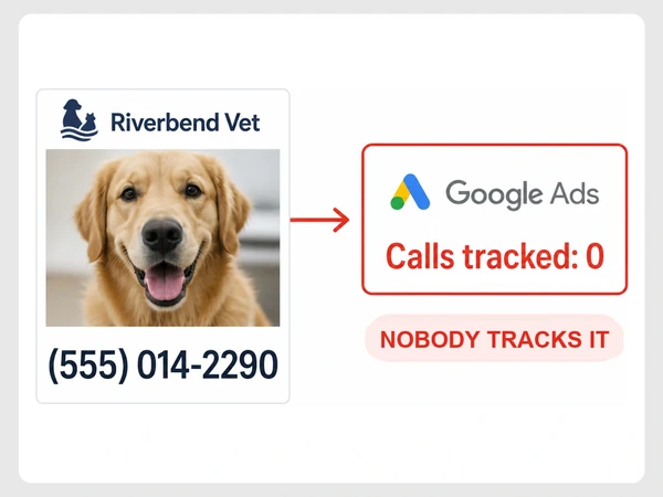 Riverbend Vet receives a call at (555) 014-2290 while Google Ads tracks zero calls.