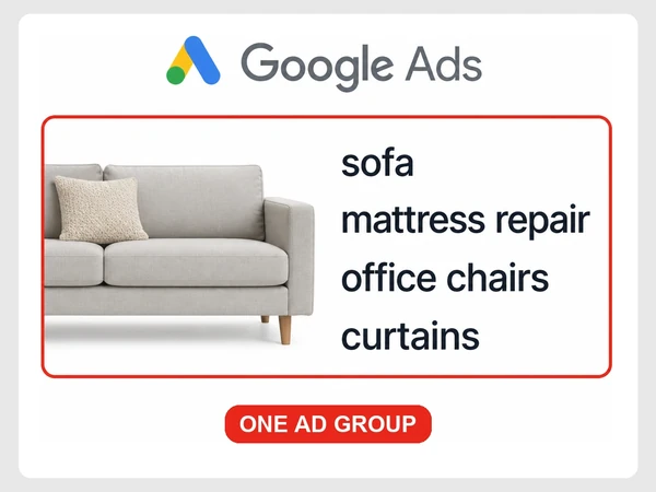 Oakline Furniture groups sofa, mattress repair, office chairs, and curtains in one Google Ads ad group.