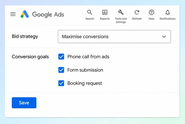 A Google Ads bid strategy set to chase calls and forms for a shoe boutique
