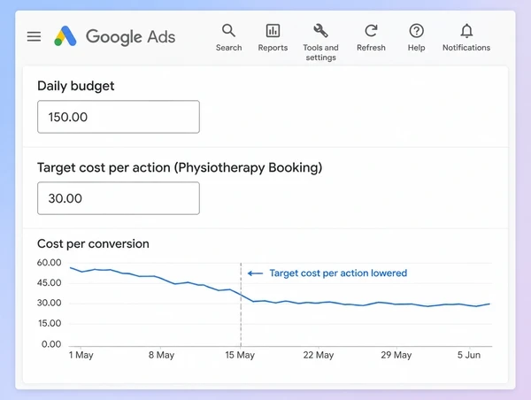A Google Ads panel setting the budget and target cost for a physiotherapy practice campaign
