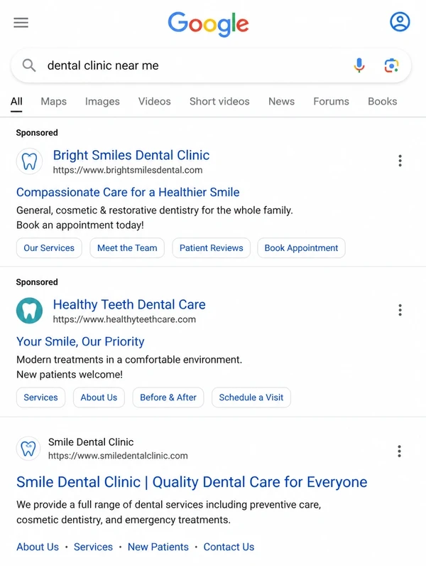 A Google search results page with sponsored dental listings above the organic ones