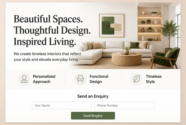 An interior design studio landing page whose headline repeats the advert, with a short form