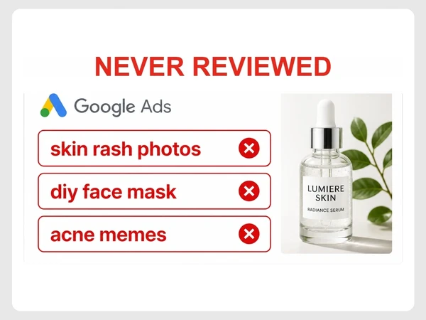 Lumiere Skin shows skin rash photos, DIY face mask, and acne memes as unreviewed Google Ads search terms.