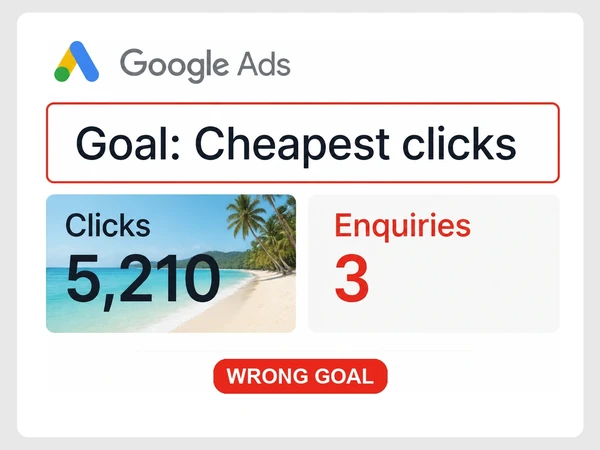 Wayfarer Journeys uses Cheapest clicks as its Google Ads goal, producing 5,210 clicks and three inquiries.