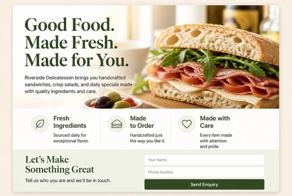 A delicatessen landing page whose headline repeats the advert, with a short form