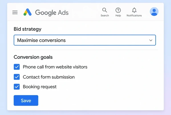 A Google Ads bid strategy set to chase calls and forms for an eyewear brand