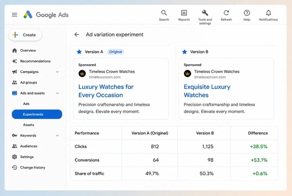Two luxury watches advert headlines compared side by side in a Google Ads test