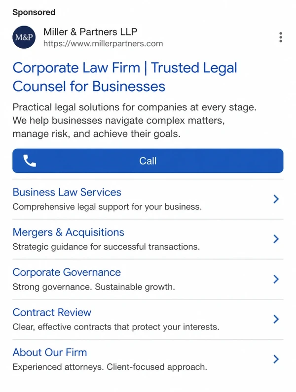 A phone search advert for a professional service with a call button