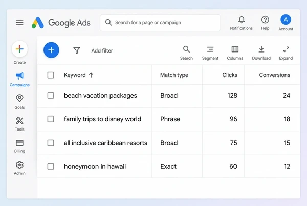 Four travel keywords in Google Ads labelled broad, phrase and exact match
