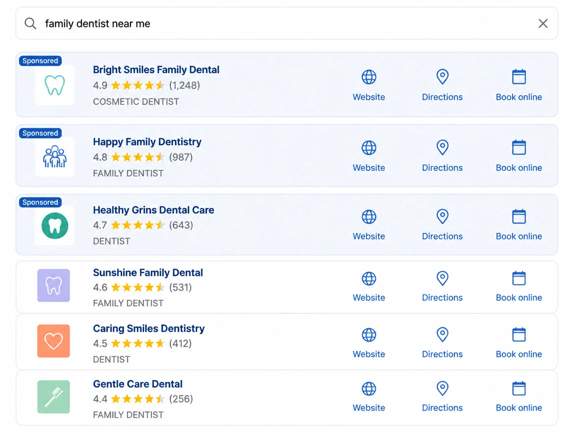 A search results page with three paid listings above the results