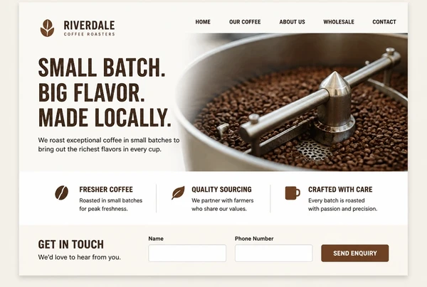 A coffee roastery landing page whose headline repeats the advert, with a short form