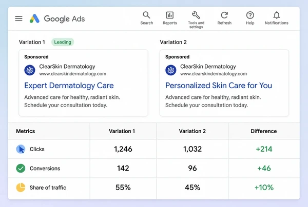 Two dermatology clinic advert headlines compared side by side in a Google Ads test