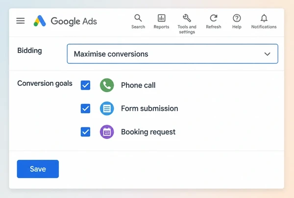 A Google Ads bid strategy set to chase calls and forms for a photography studio