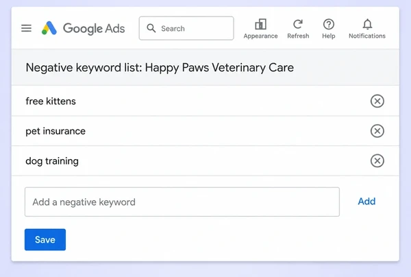 A Google Ads negative keyword list excluding three wasteful veterinary practice searches