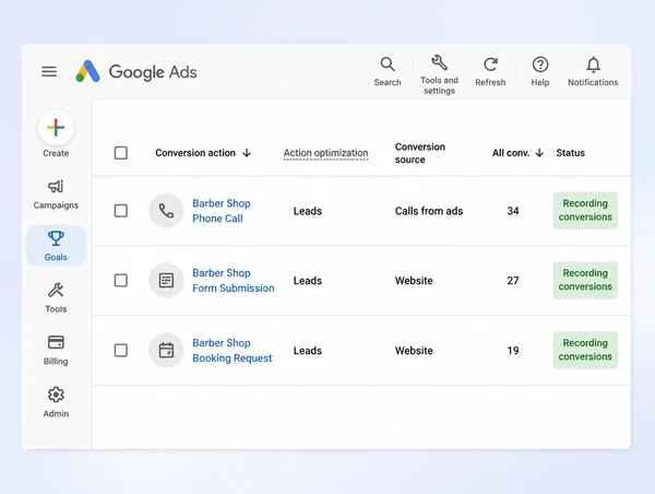 Three recorded conversion actions for a barber shop account in Google Ads