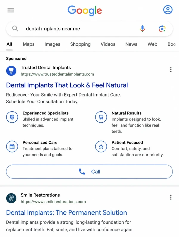 A search advert on a phone with a call button