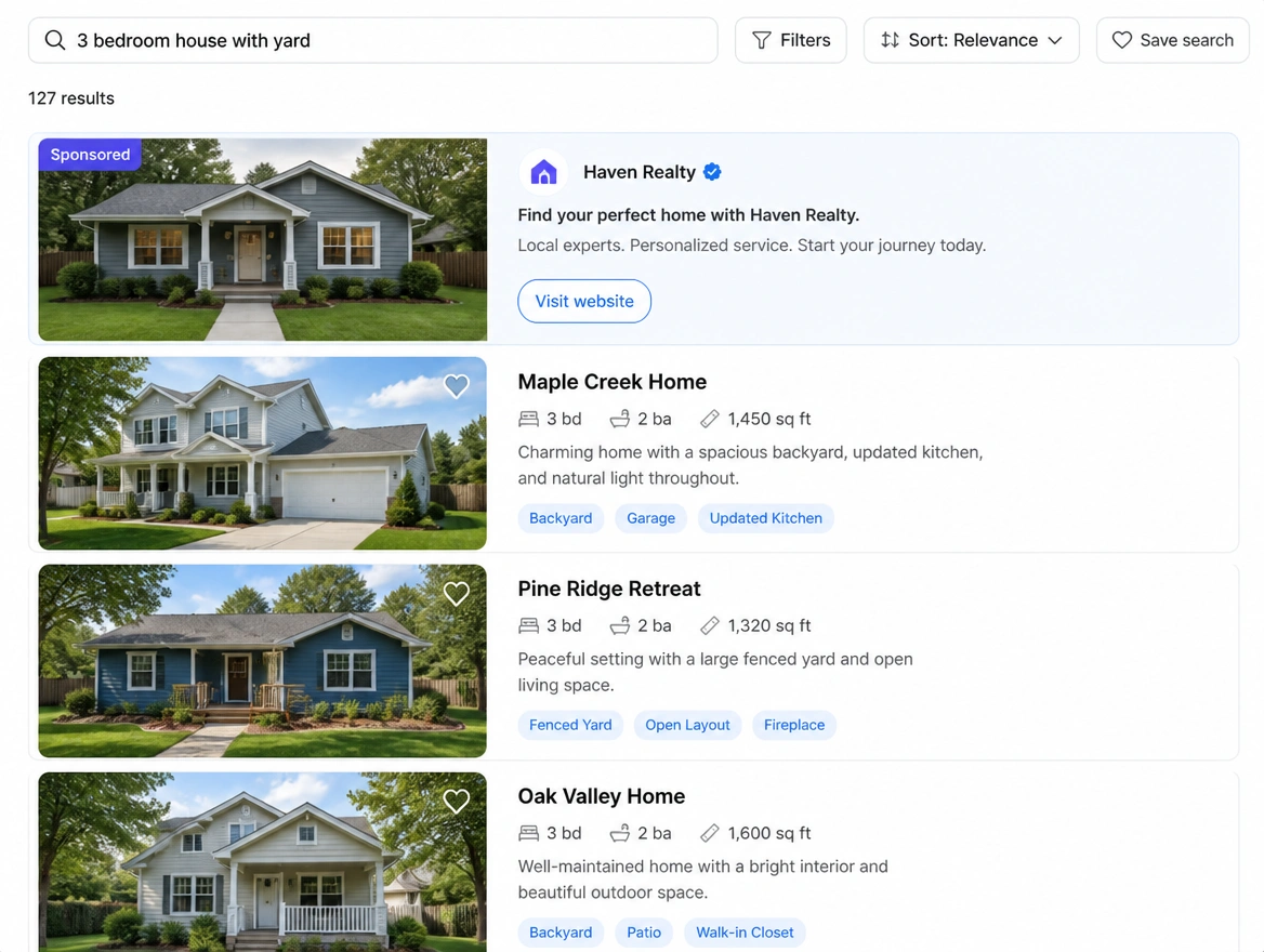 A search results page with a paid listing at the top for a buying search