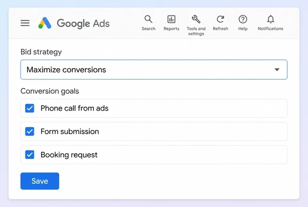 A Google Ads bid strategy set to chase calls and forms for a pilates studio