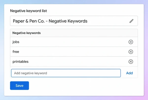 A Google Ads negative keyword list excluding three wasteful stationery brand searches
