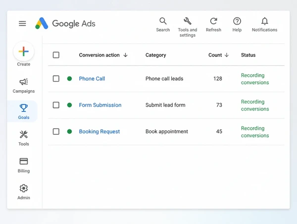 Three recorded conversion actions for a luxury watches account in Google Ads